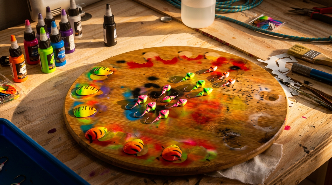 Hand-painted custom fishing lures drying on a workshop board surrounded by paint bottles
