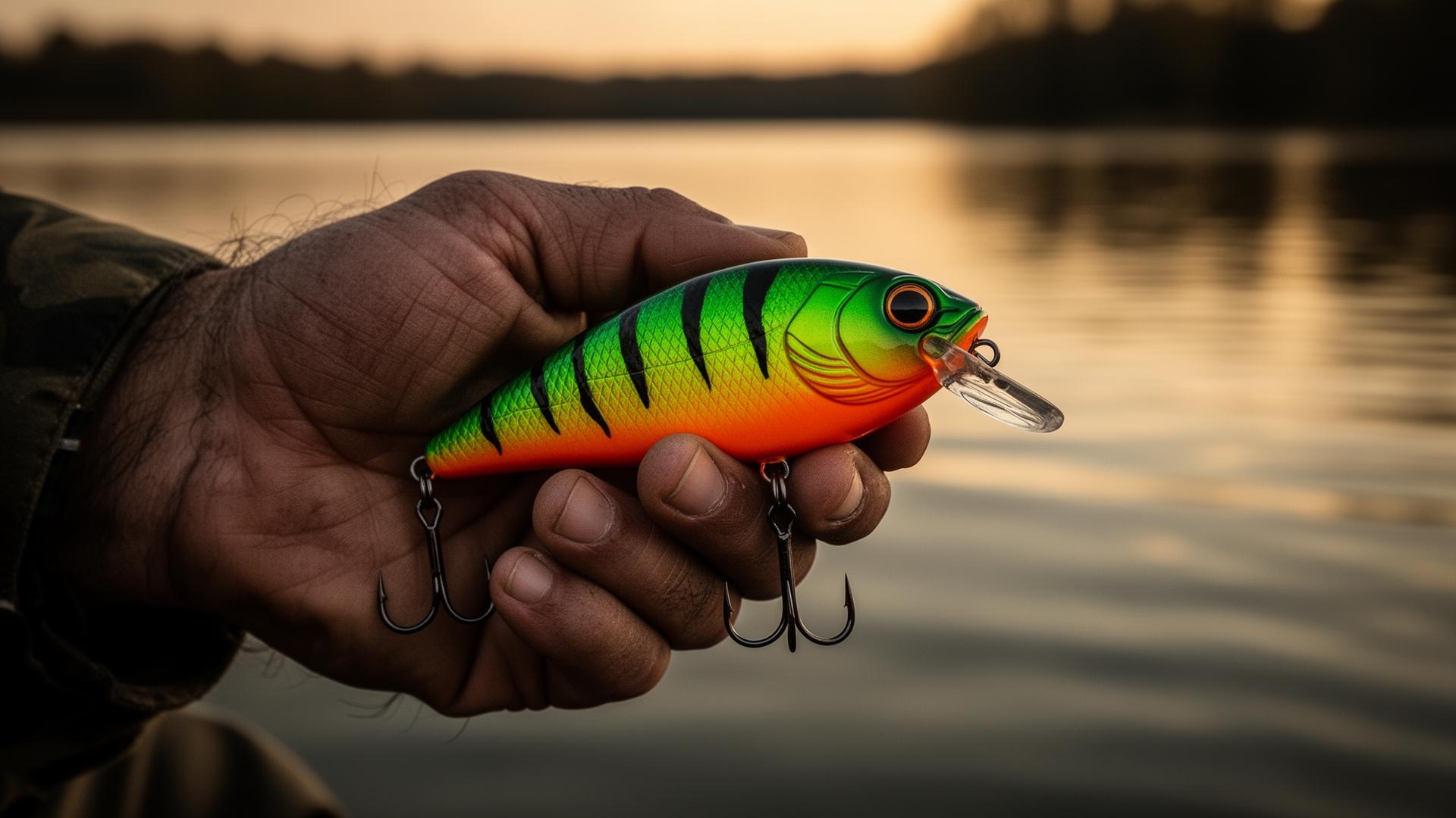 Angler holding a hand-painted firetiger crankbait at golden hour